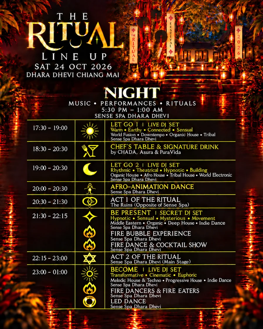 The Ritual night line-up — DJ sets, signature drink, Afro-Animation dance, fire shows and after-dark performances