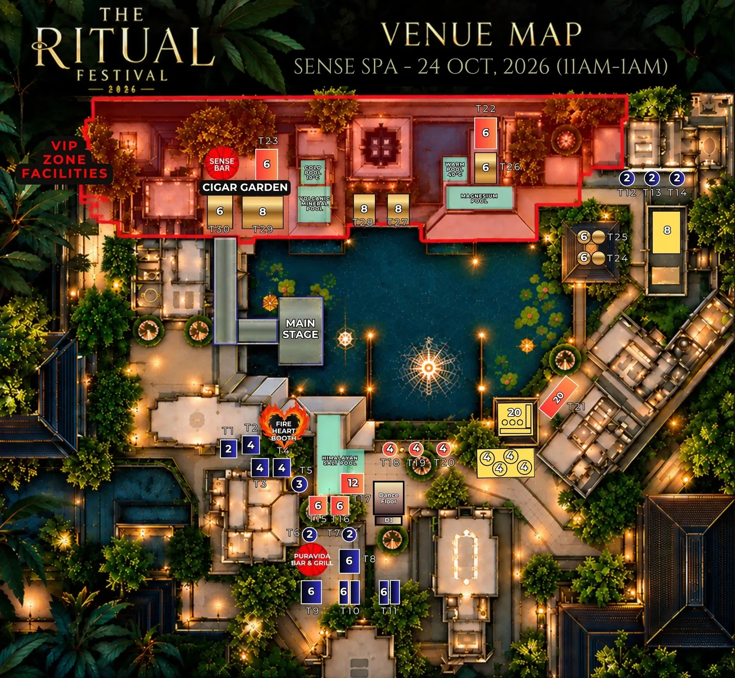 The Ritual venue map — Sense Spa, 24 October 2026, with table numbers and zones