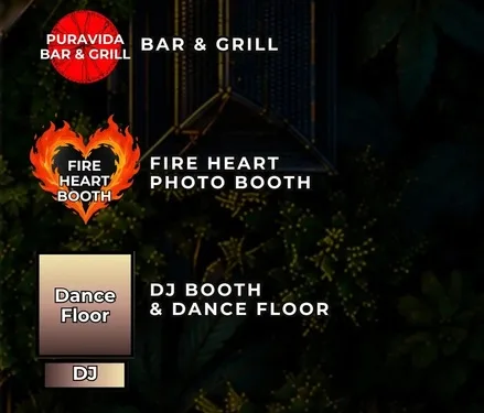 Puravida bar & grill, Fire Heart photo booth, dance floor and DJ booth